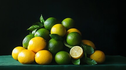 a pile of green and yellow fruits sitting on a table