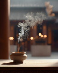 Incense stick burning in ceramic holder with smoke on wooden table  