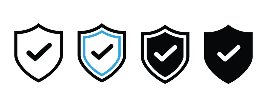 Four shield icons with check marks in black and blue isolated on transparent background