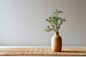 Minimalist vase with green leaves on wooden tabletop  