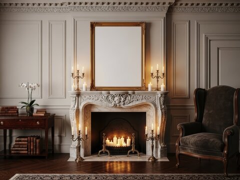 Classic luxury interior with white marble fireplace and burning fire. Large blank golden frame mockup hangs on wall with moldings. Vintage furniture, candles and dark wooden floor create cozy mood.
