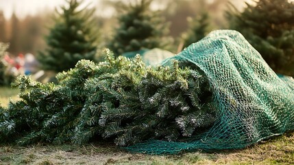A pile of netted christmas trees on the lawn holiday preparation concept