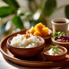 offering tray with Rice bowl with mango, yogurt, and chutney