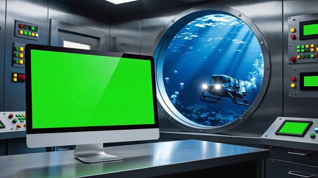 A futuristic control room video with a green screen on a computer monitor on transparent background