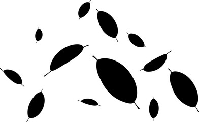 Group of scattered oval leaves falling through the air silhouette vector