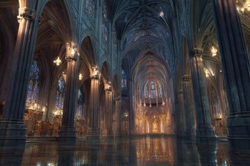 Fototapeta premium Dramatic digital art of a cathedral interior with towering columns, ornate stone carvings, and colored light streaming through glass