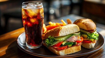 A plate with two meat sandwiches with vegetables and a tall glass of cola with ice on a wooden table