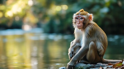 A rhesus monkey sitting near edge of river water in park