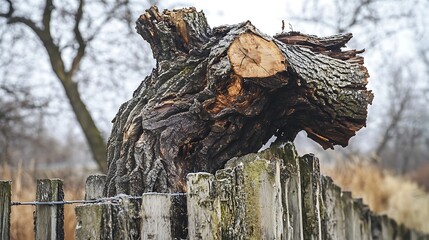 A rotten tree fell on a fence and broke in several parts due to strong winter winds close up
