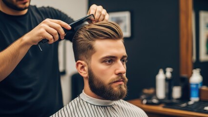 A barber combs a client's stylish, modern haircut in a salon setting