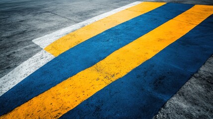Fototapeta premium Close-up of a pedestrian crossing with diagonal yellow and blue stripes on a gray concrete surface