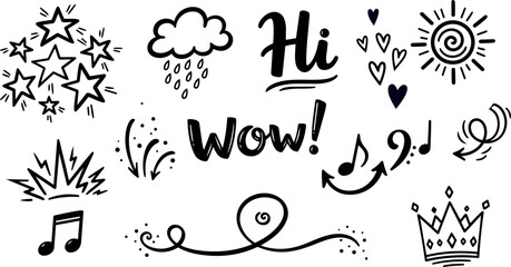 Obraz premium Whimsical kids doodle vector set close up of hand drawn stars sun cloud hearts playful lettering saying hi and wow black ink