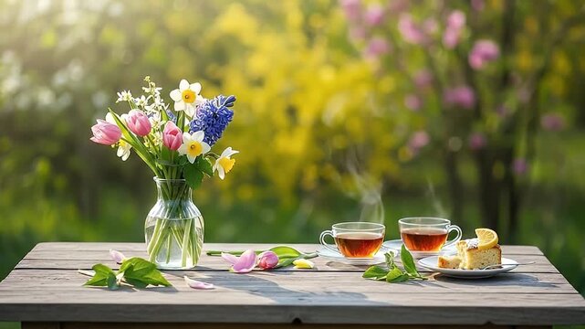 A beautiful outdoor setting captures a serene moment with a rustic wooden table bathed in soft, golden sunlight. A vibrant spring bouquet featuring colorful tulips, daffodils, and hyacinths stands gra