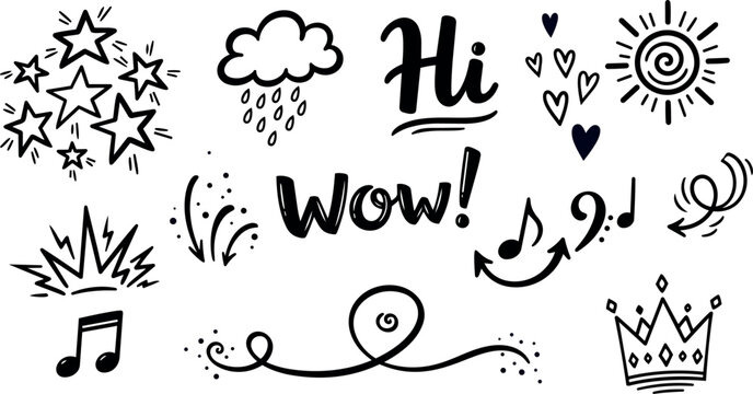 Whimsical kids doodle vector set close up of hand drawn stars sun cloud hearts playful lettering saying hi and wow black ink