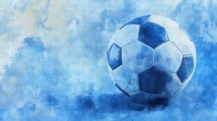 Naklejka premium Soccer ball, painted in shades of blue, on a hazy, watercolor backdrop