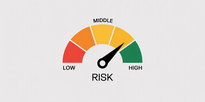 Risk meter gauge with low middle and high indicator on white background image photo