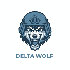 Tactical wolf head mascot wearing military combat helmet for e-sports team or gaming community identity, featuring the text Delta Wolf.