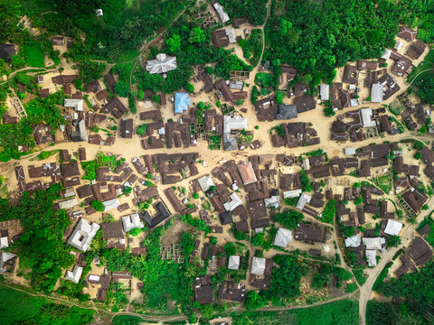Aerial view of clustered brown rooftops nestled amidst a sea of vibrant green trees, creating a patchwork quilt of nature and civilization, Ubarama, Rivers, Nigeria.