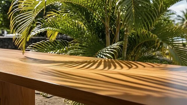 A beautifully polished wooden surface, possibly a railing or tabletop, basks in warm, golden sunlight. The intricate, dancing shadows of palm fronds create a dynamic and serene pattern across the smoo