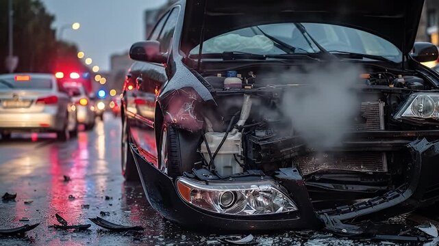A black vehicle, heavily damaged at the front, sits on a wet urban street after an apparent collision. The hood is open, revealing the mangled engine bay, from which smoke billows upwards. Debris, inc