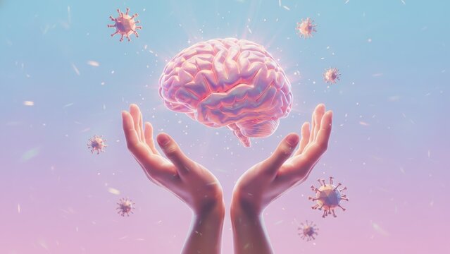 Open hands holding a glowing brain sculpture in soft pastel light, symbol of brain health, healthcare technology