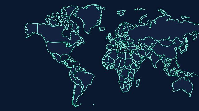 Blue world map 4K slow panning. Futuristic global geography background with glowing cyan borders on dark navy. Professional 4K animation for technology and data themes.
