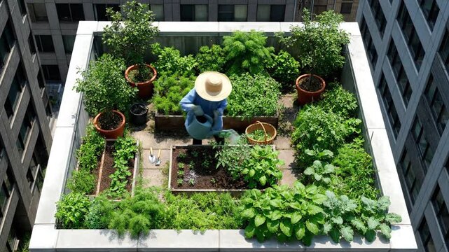 A person in a straw hat tends to a vibrant urban rooftop garden surrounded by skyscrapers. The video segment highlights 8 seconds of gardening activity, including planting and watering various herbs 