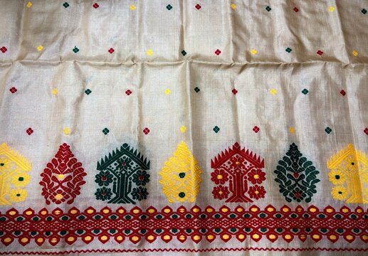 Shot of Assamese women&rsquo;s traditional dress Muga sadar , Assamese Muga silk Sadar, Bihu dress of Assam, 