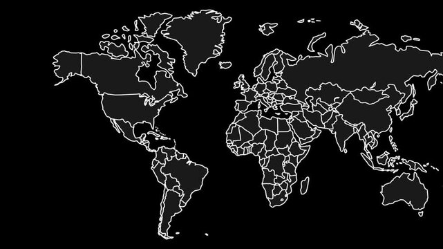 Black world map 4K slow panning. Minimalist global geography featuring sharp white administrative borders on dark background. Professional 4K animation for news and data.