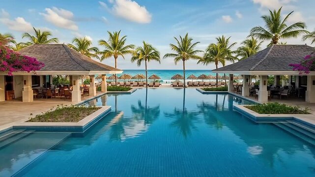 A breathtaking panoramic view showcases a luxurious infinity pool seamlessly blending with the vast ocean horizon under a vibrant sunset sky. The tranquil waters of the pool reflect the stunning gradi