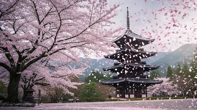 A breathtaking scene captures a majestic, traditional multi-tiered tower standing amidst a serene natural landscape. Lush mountains form a dramatic backdrop as delicate pink petals gracefully fall fro