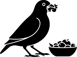 Fototapeta premium Feeding bird silhouette side view crow with berry bowl vector