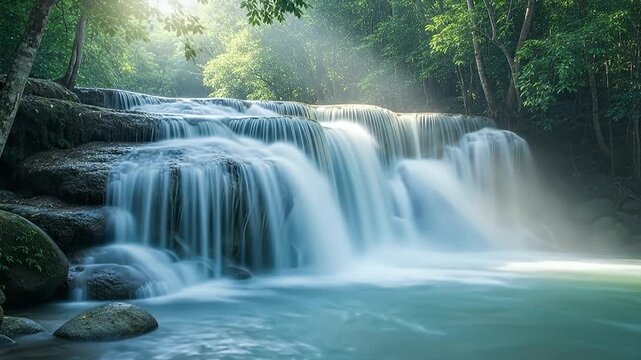 A breathtaking view of a multi-tiered waterfall cascading gracefully into a pristine, turquoise pool surrounded by a vibrant, lush green forest. Gentle rays of sunlight filter through the dense canopy