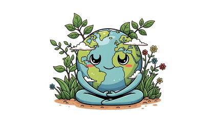 Fototapeta premium Peaceful Meditating Earth Character Sitting in a Lush Garden with Flowers and Clouds