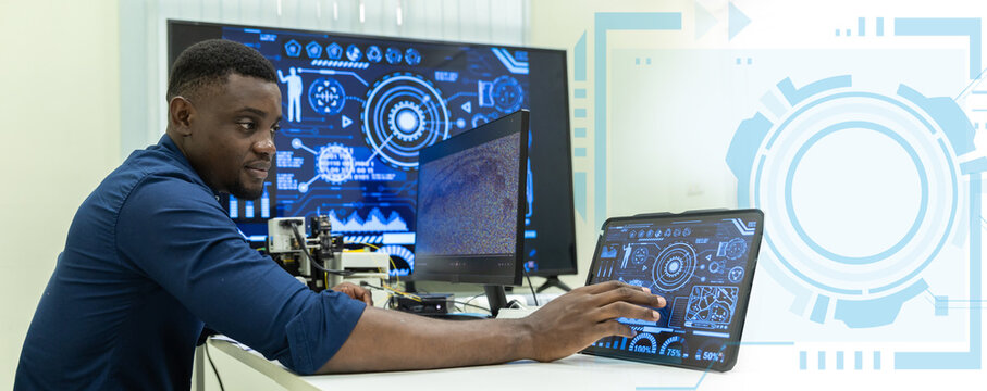 Black Researcher Making a Quantum Computing Experiment, Monitoring Live Artificial Intelligence Data on Computer Screen,