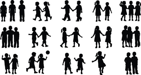 Fototapeta premium Children silhouettes holding hands, playing and interacting, black and white vector illustrations for education, family