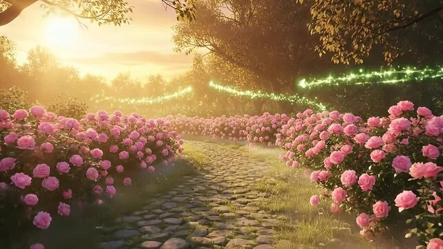 A breathtakingly enchanting garden path unfolds, inviting viewers into a world of whimsical wonder. Lush pink rose bushes overflow on either side of a charming cobblestone pathway, bathed in the soft,