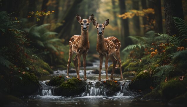 Two young deer stand on a rock in a serene forest stream surrounded by lush greenery and vibrant foliage.