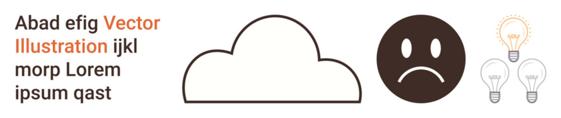 Fototapeta premium Creativity, innovation, problem solving, brainstorming, emotions, and communication. Central elements include a cloud outline, sad face and light bulbs. Creativity and innovation concepts