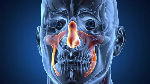 A medical video illustration of a human head and face showing the sinuses and nasal cavity in detail.