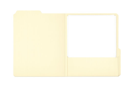 Open manila file folder containing blank white documents, illustrating office organization and data storage on transparent background