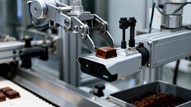 Medium view of a reject arm activated by an AIdriven defect detection system removing flawed chocolates flagged by the smart vision camera for sorting and disposal.