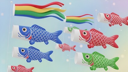 Fototapeta premium Colorful carp streamers dancing joyfully against a soft blue sky celebrating japanese culture