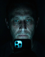 Close-up of man's face illuminated by blue light from smartphone screen in the dark