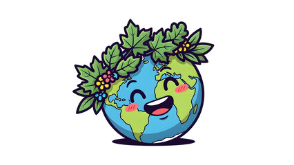 Smiling Earth Character Wearing a Floral Crown of Leaves and Flowers for Earth Day Celebration