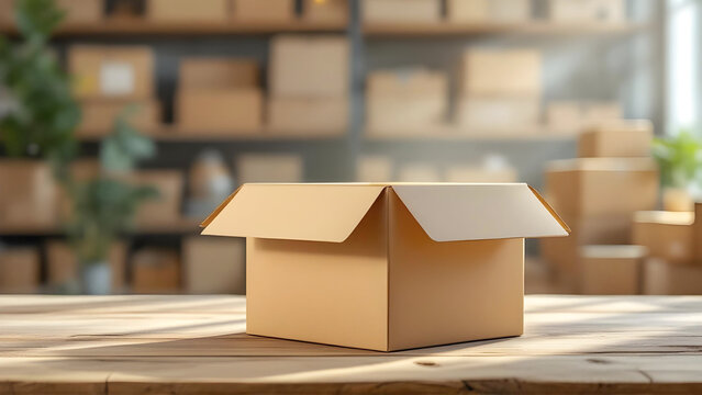 An open cardboard box sits prominently on a rustic wooden table in a sunlit warehouse, symbolizing shipping, e-commerce, and the anticipation of unboxing a new delivery