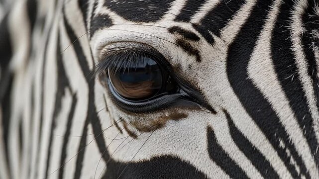 A captivating close-up shot focuses on the intricate details of a zebra's eye, framed by its iconic black and white striped fur. The deep brown eye, featuring long, delicate eyelashes, stands out prom