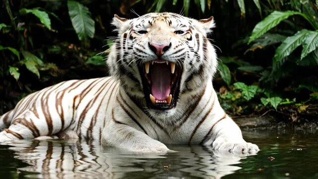 White Tiger Lying in Water Jungle Scene.