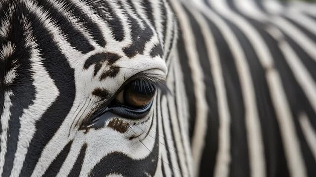 A captivating extreme close-up shot focuses intently on the intricate details of a zebra's eye, with its distinctive black and white striped fur creating a stunning visual texture across the animal's 