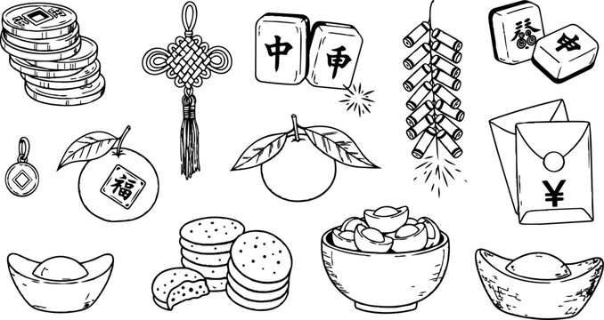 Line art chinese new year icons set with oranges mahjong tiles firecrackers red envelope ingots festive flat vector illustration